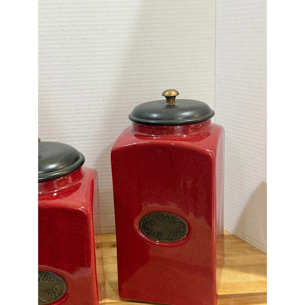 PIER 1 Import Rustic Brick Red 3 Ceramic Canister Jars Set Coffee Tea Sugar